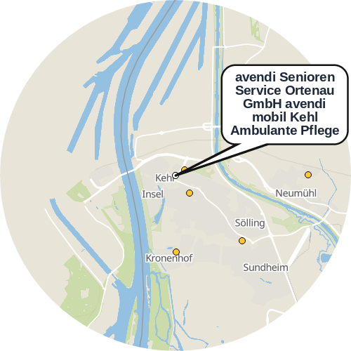 Kartenausschnitt für die Firma avendi Senioren Service Ortenau GmbH avendi mobil Kehl Ambulante Pflege