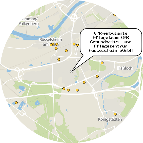 Kartenausschnitt für die Firma GPR-Ambulante Pflegeteam GPR Gesundheits- und Pflegezentrum Rüsselsheim gGmbH