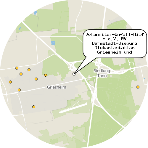 Kartenausschnitt für die Firma Johanniter-Unfall-Hilfe e.V. RV Darmstadt-Dieburg Diakoniestation Griesheim und Weiterstadt-Erzhausen