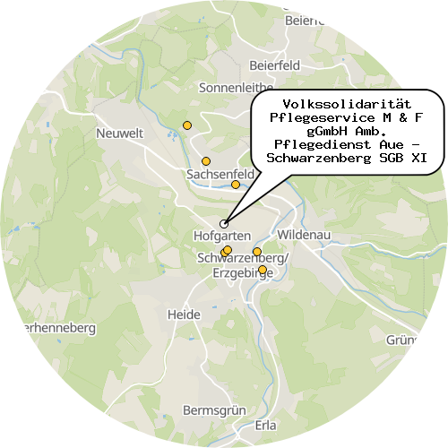 Kartenausschnitt für die Firma Volkssolidarität Pflegeservice M & F gGmbH Amb. Pflegedienst Aue - Schwarzenberg SGB XI