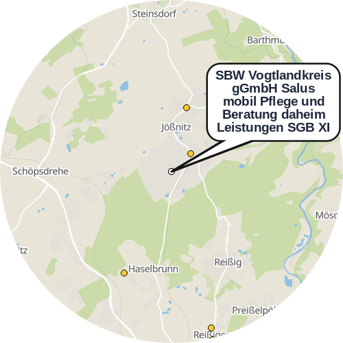 Kartenausschnitt für die Firma SBW Vogtlandkreis gGmbH Salus mobil Pflege und Beratung daheim Leistungen SGB XI