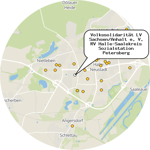 Kartenausschnitt für die Firma Volkssolidarität LV Sachsen/Anhalt e. V. RV Halle-Saalekreis Sozialstation Petersberg