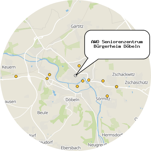 Kartenausschnitt für die Firma AWO Seniorenzentrum Bürgerheim Döbeln