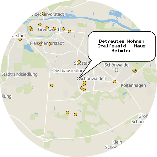 Kartenausschnitt für die Firma Betreutes Wohnen Greifswald - Haus Beimler