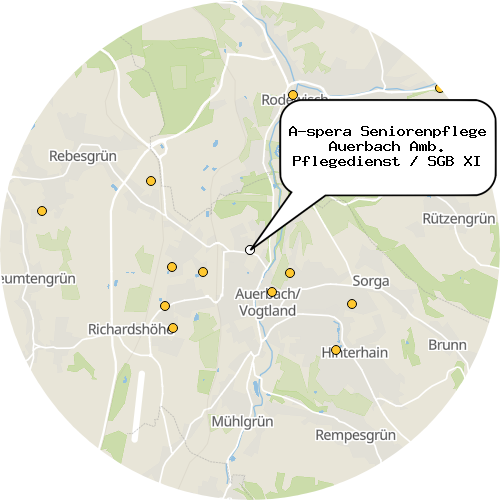 Kartenausschnitt für die Firma A-spera Seniorenpflege Auerbach Amb. Pflegedienst / SGB XI