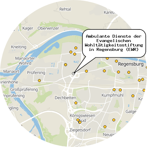 Kartenausschnitt für die Firma Ambulante Dienste der Evangelischen Wohltätigkeitsstiftung in Regensburg (EWR)