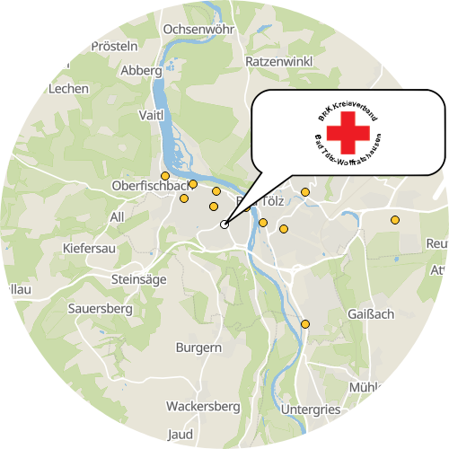 Kartenausschnitt für die Firma Bayerisches Rotes Kreuz Kreisverband Bad Tölz-Wolfratshausen ambulante Gesundheits- und Krankenpflege