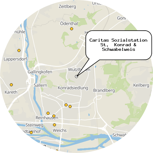 Kartenausschnitt für die Firma Caritas Sozialstation St.  Konrad & Schwabelweis