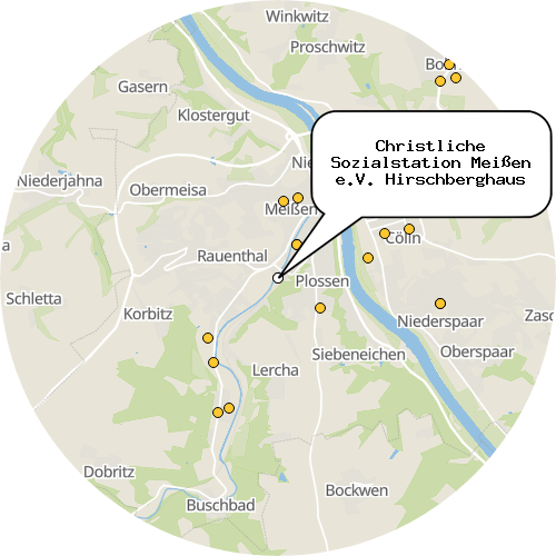 Kartenausschnitt für die Firma Christliche Sozialstation Meißen e.V. Hirschberghaus