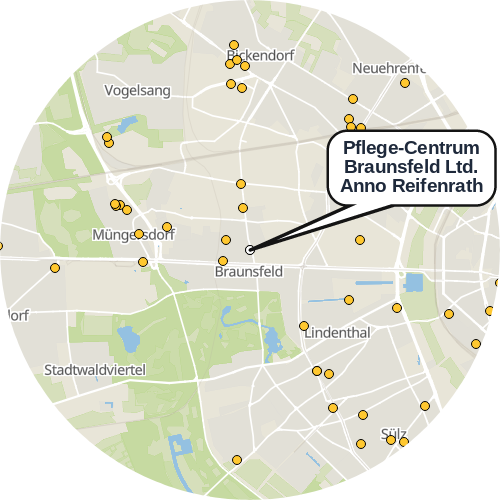 Kartenausschnitt für die Firma Pflege-Centrum Braunsfeld Ltd. Anno Reifenrath