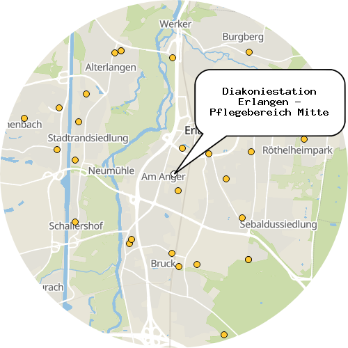 Kartenausschnitt für die Firma Diakoniestation Erlangen - Pflegebereich Mitte