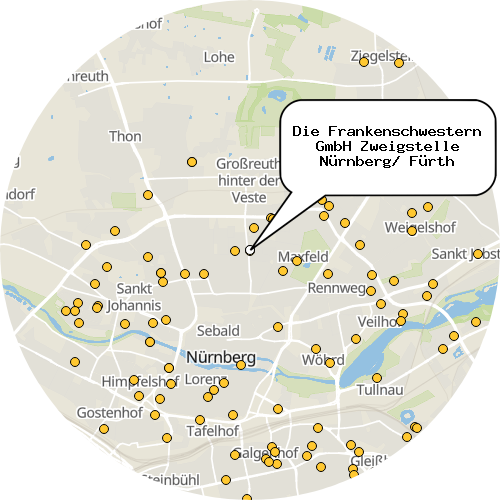 Kartenausschnitt für die Firma Die Frankenschwestern GmbH Zweigstelle Nürnberg/ Fürth