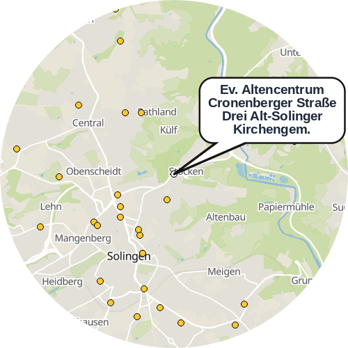Kartenausschnitt für die Firma Ev. Altencentrum Cronenberger Straße Drei Alt-Solinger Kirchengem.