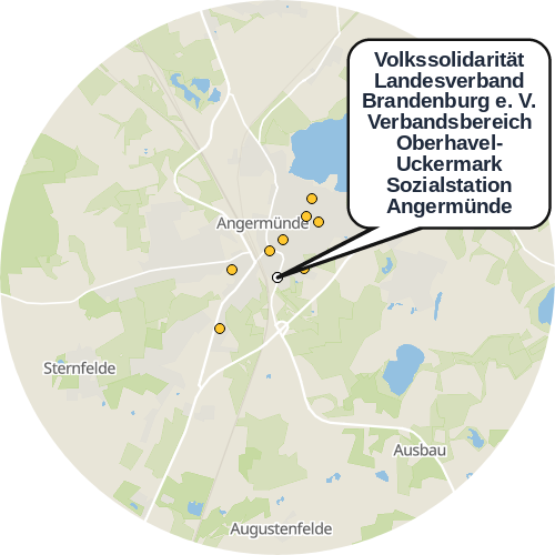 Kartenausschnitt für die Firma Volkssolidarität Landesverband Brandenburg e. V. Verbandsbereich Oberhavel- Uckermark Sozialstation Angermünde