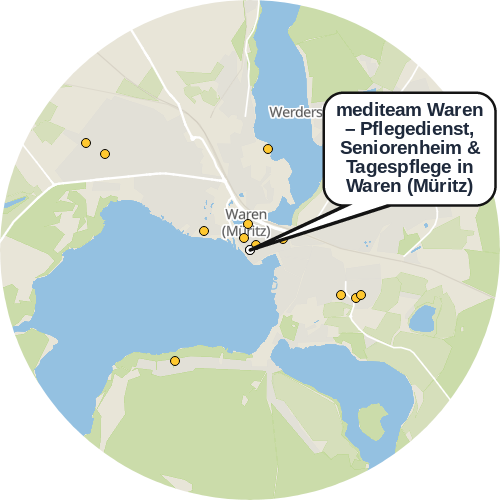 Kartenausschnitt für die Firma mediteam Waren – Pflegedienst, Seniorenheim & Tagespflege in Waren (Müritz)