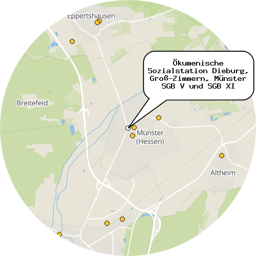Kartenausschnitt für die Firma Ökumenische Sozialstation Dieburg, Groß-Zimmern, Münster SGB V und SGB XI