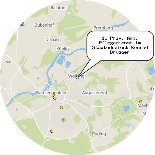 Kartenausschnitt für die Firma 1. Priv. Amb. Pflegedienst im Städtedreieck Konrad Brugger