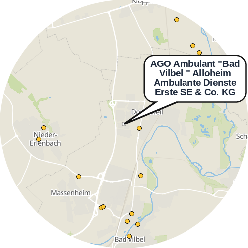 Kartenausschnitt für die Firma AGO Ambulant "Bad Vilbel " Alloheim Ambulante Dienste Erste SE & Co. KG