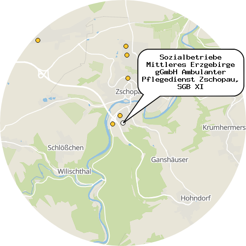 Kartenausschnitt für die Firma Sozialbetriebe Mittleres Erzgebirge gGmbH Ambulanter Pflegedienst Zschopau, SGB XI