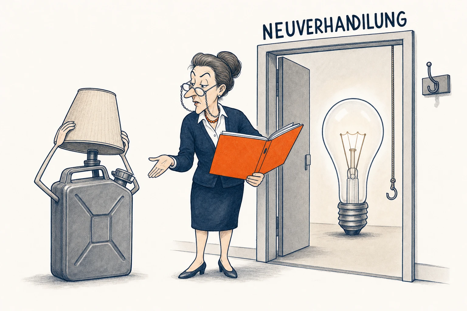 Vor dem offenen Eingang „Neuverhandlung“ vergleicht Frau Hagedorn ratlos eine bereits eingelassene Glühbirne mit einem Benzinkanister. Der Kanister setzt sich für einen neuen Einlassversuch einen Lampenschirm auf.