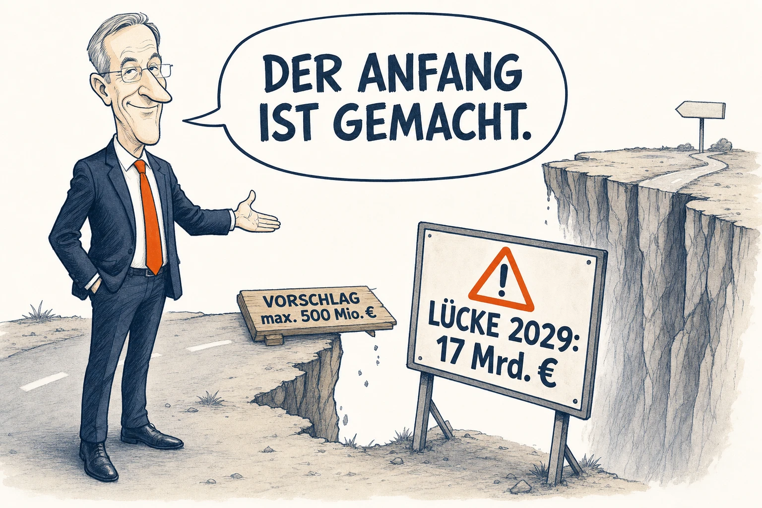 Zeichnung: Eine Straße wird von einer breiten Schlucht unterbrochen, davor ein Schild „LÜCKE 2029: 17 Mrd. €“. Ein Politiker im dunkelblauen Anzug mit oranger Krawatte hat ein kurzes Brett mit der Aufschrift „VORSCHLAG – max. 500 Mio. €“ an den Rand gelegt, das nur ein winziges Stück hinüberreicht, und sagt stolz in einer großen Sprechblase: „Der Anfang ist gemacht.“