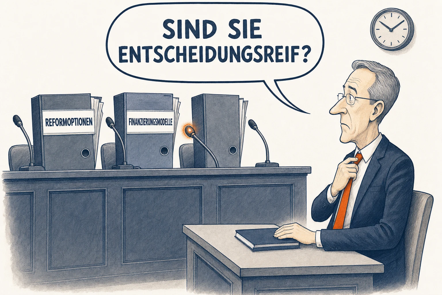Bei einer Anhörung liegen Reformakten hinter eingeschalteten Mikrofonen und befragen den ihnen gegenübersitzenden Staatssekretär Lenz: „Sind Sie entscheidungsreif?“ Lenz greift verunsichert an seine orangefarbene Krawatte.