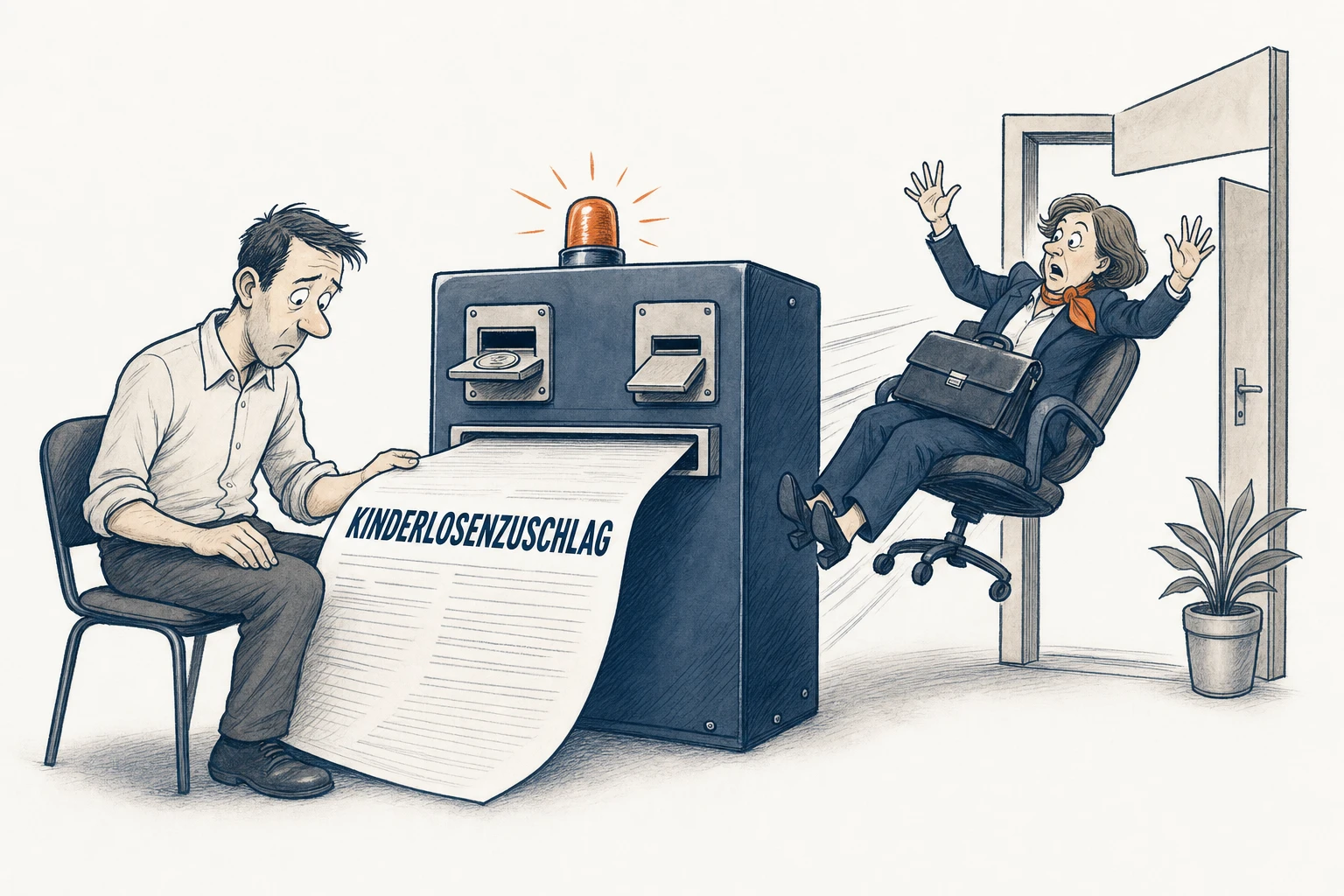 Eine Beitragsmaschine klappt dem verblüfften Beschäftigten eine Rechnung mit der Aufschrift „Kinderlosenzuschlag“ auf den Schoß. Gleichzeitig schleudert sie die Arbeitgebervertreterin samt Stuhl automatisch durch die Tür.