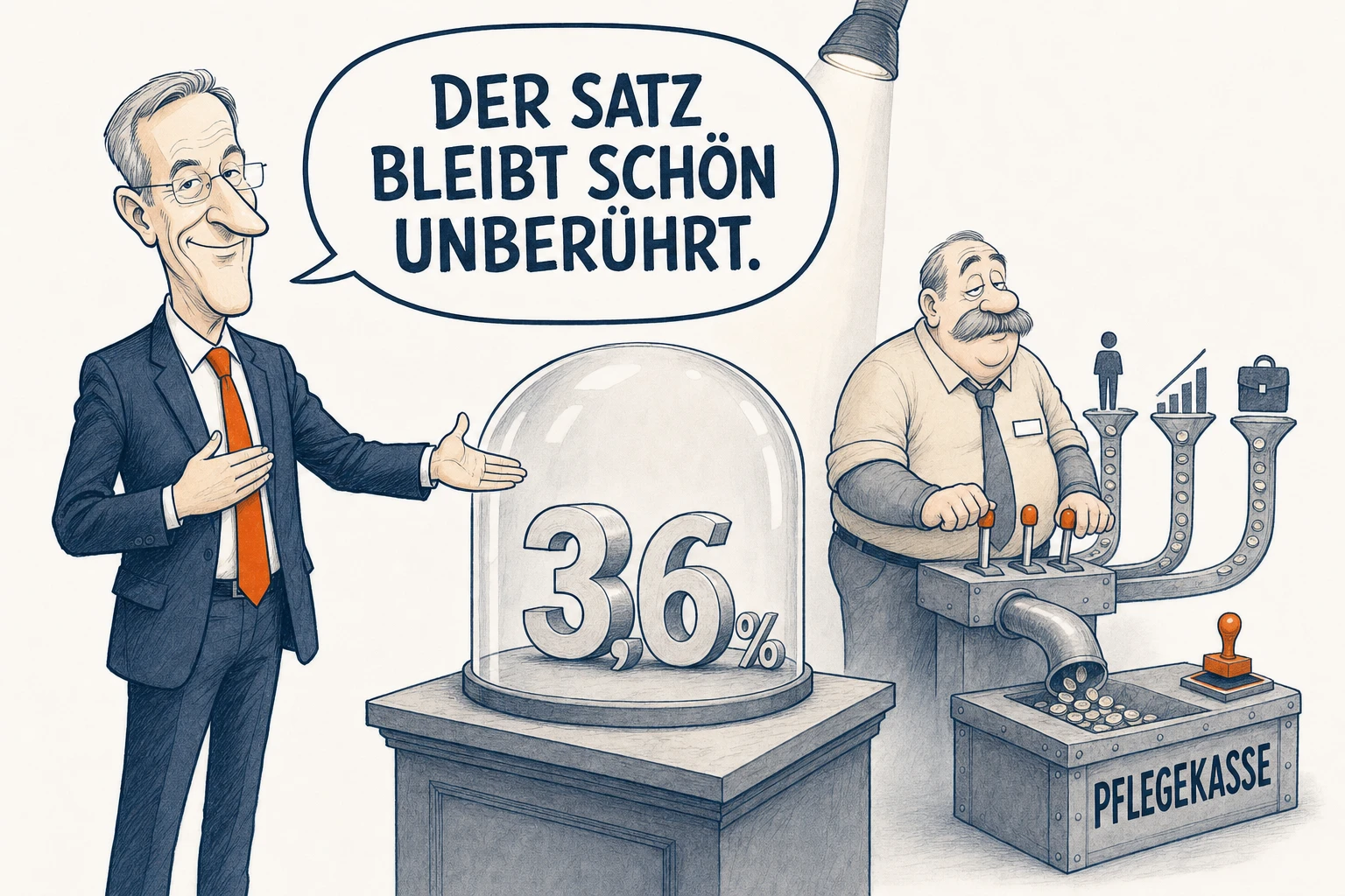 Staatssekretär Lenz präsentiert die Zahl „3,6 %“ feierlich unter einer Glasglocke und sagt: „Der Satz bleibt schön unberührt.“ Im Hintergrund leitet Amtmann Brummer drei zusätzliche Münzströme über Seitenschalter in die Pflegekasse.