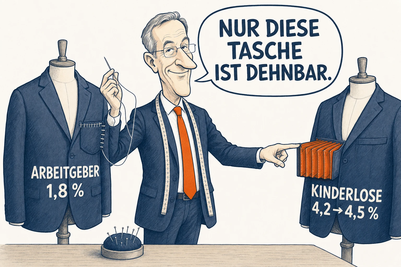 Zeichnung: Ein Staatssekretär mit oranger Krawatte arbeitet als Schneider. Die Tasche eines Jacketts mit der Aufschrift „Arbeitgeber 1,8 %“ ist zugenäht, die Tasche am Jackett „Kinderlose 4,2 → 4,5 %“ ist ausgebeult. Er zeigt darauf und sagt: „Nur diese Tasche ist dehnbar.“