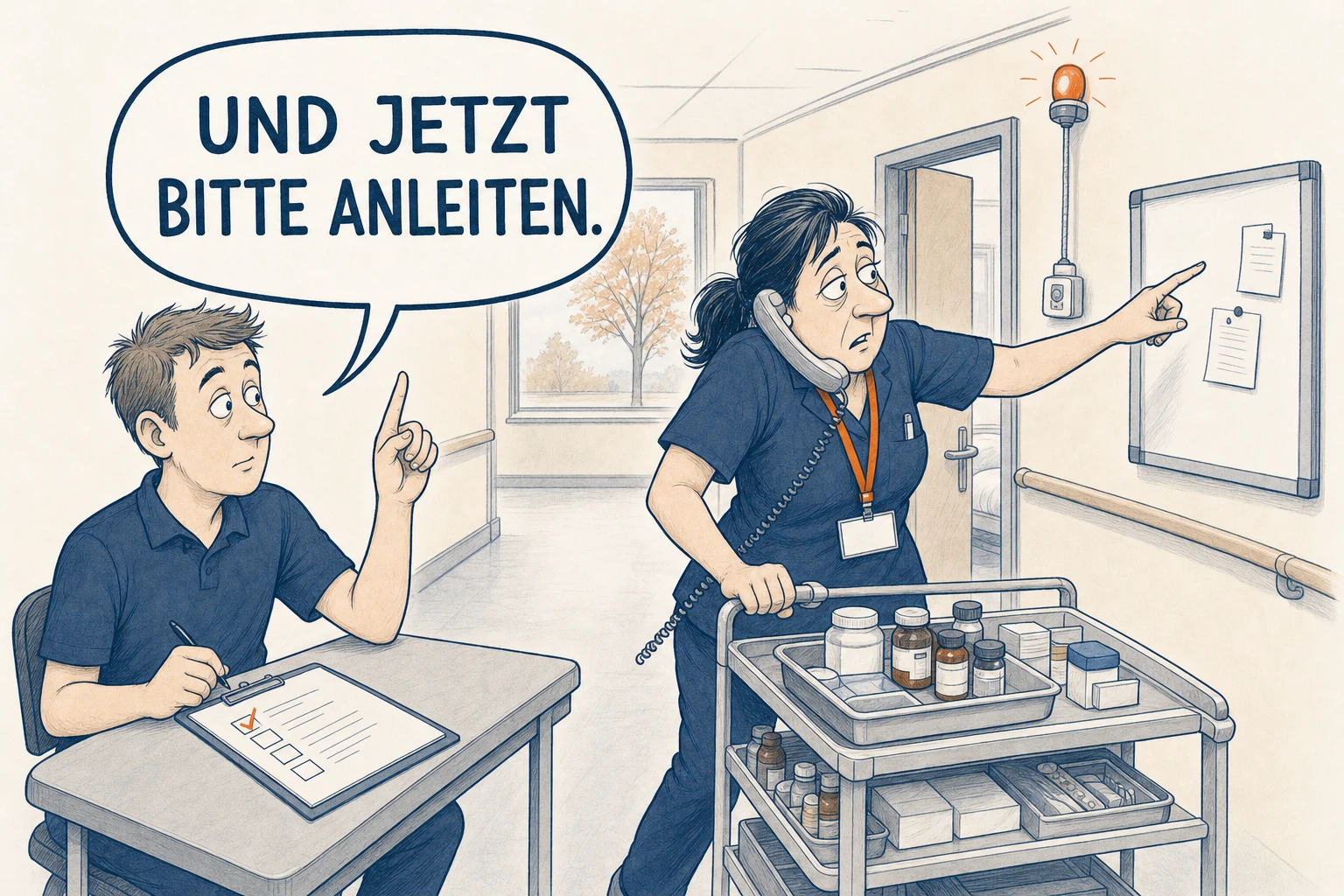Ein Auszubildender sitzt mit Klemmbrett wie ein Prüfer am Tisch, während Schwester Wagner gleichzeitig einen Medikamentenwagen schiebt, telefoniert und etwas erklärt. Er sagt zu ihr: „Und jetzt bitte anleiten.“