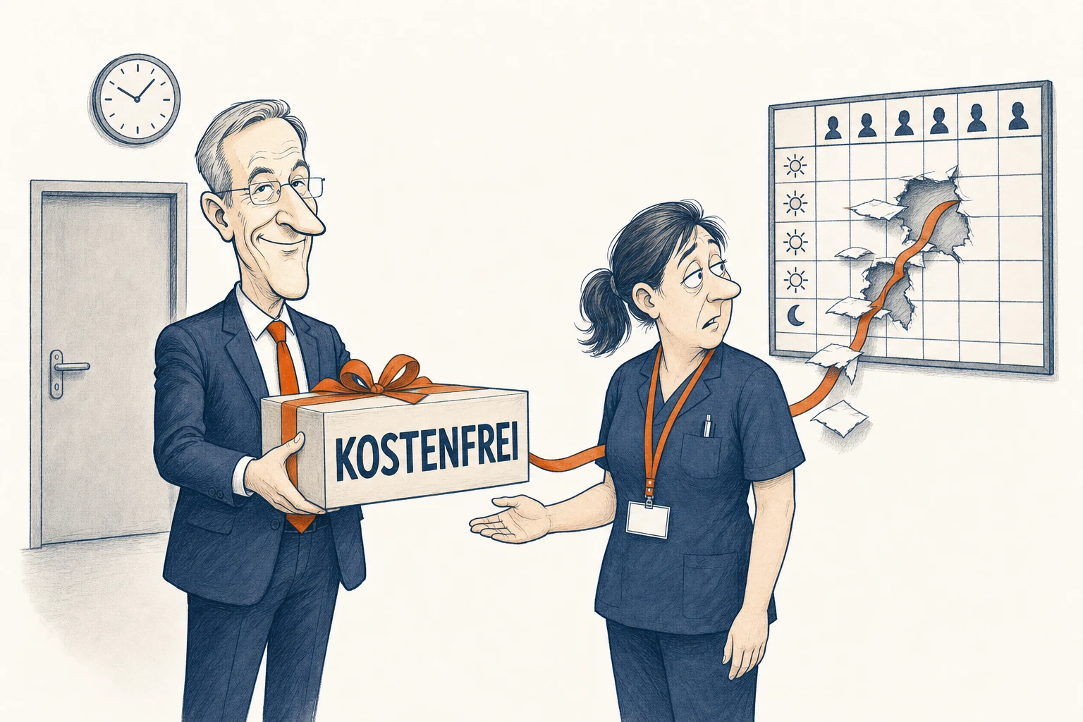 Lenz überreicht Schwester Wagner ein Paket mit der Aufschrift „Kostenfrei“. Das gespannte Geschenkband reißt dabei die wenigen freien Zeitfelder aus ihrem Dienstplan.