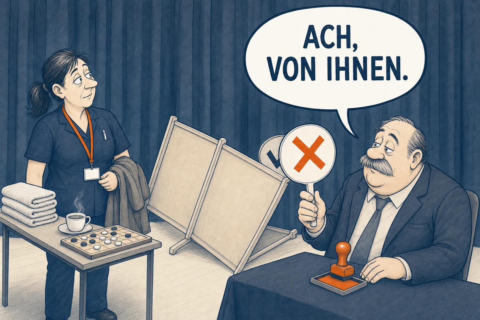 Nach einem Blindvorspiel fällt der Sichtschutz und gibt Schwester Wagner mit den gerade vorgeführten Alltagshilfen frei. Amtmann Brummer dreht seine zuvor positive Wertung sofort auf Ablehnung und sagt: „Ach, von Ihnen.“