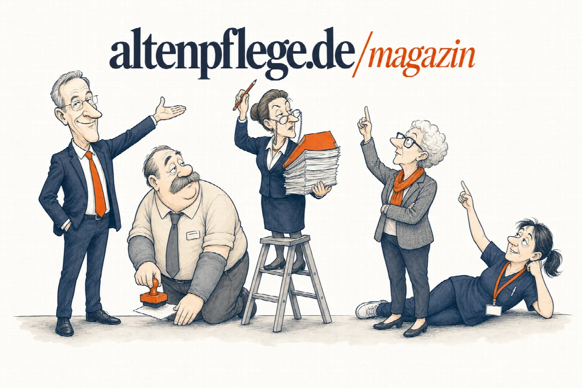 Cartoon: Unter dem Logo altenpflege.de / magazin stehen Staatssekretär Lenz, Amtmann Brummer, Frau Hagedorn, Prof. Falk und Schwester Wagner und zeigen auf das Logo.